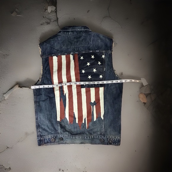 Vintage Y2K Distressed American Flag Denim Vest Size M - Picture 6 of 7